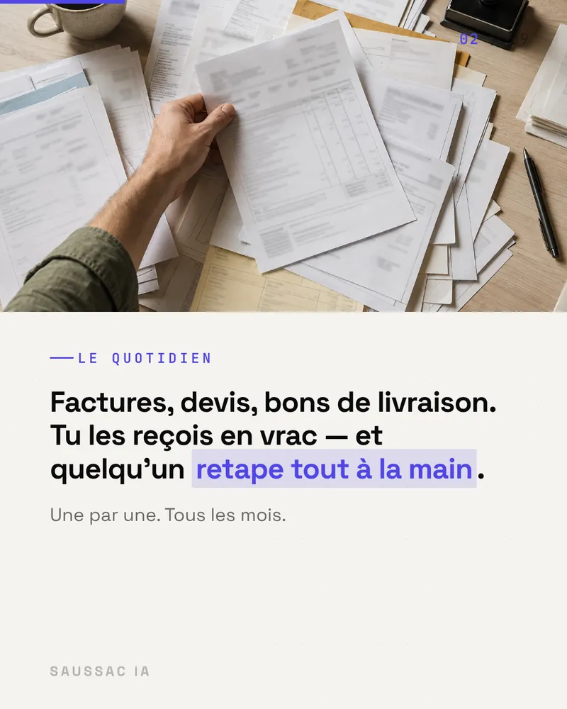 Factures, devis et bons de livraison reçus en vrac et retapés à la main, une par une, tous les mois.