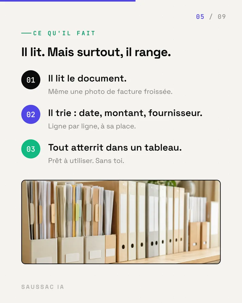 Ce qu'il fait : il lit le document, il trie date, montant et fournisseur, tout atterrit dans un tableau.