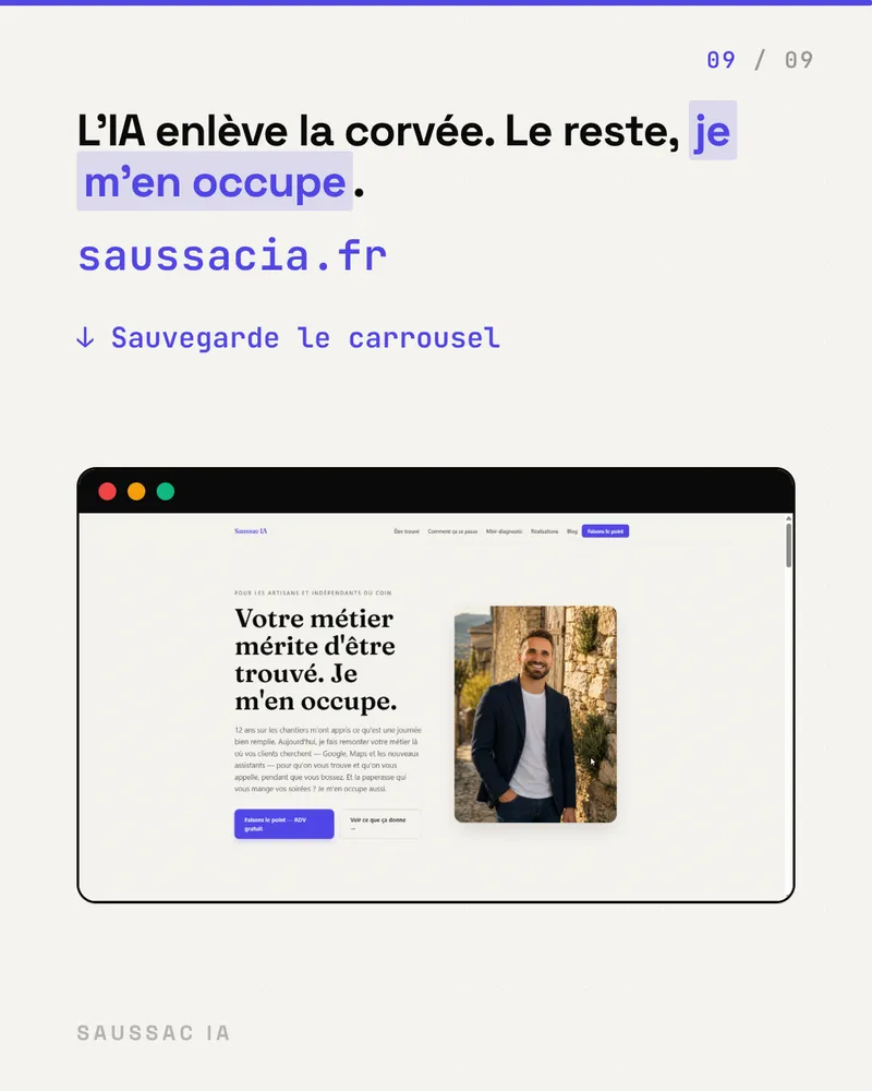 L'IA enlève la corvée, le reste je m'en occupe — aperçu du site Saussac IA.