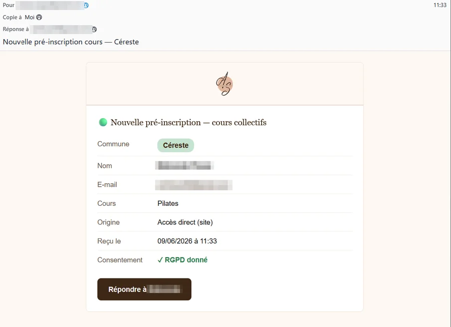 Email d'accusé de réception reçu à chaque pré-inscription, coordonnées masquées