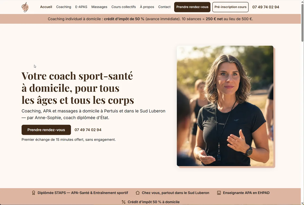 Aperçu du nouveau site livré pour une coach sport-santé du Luberon